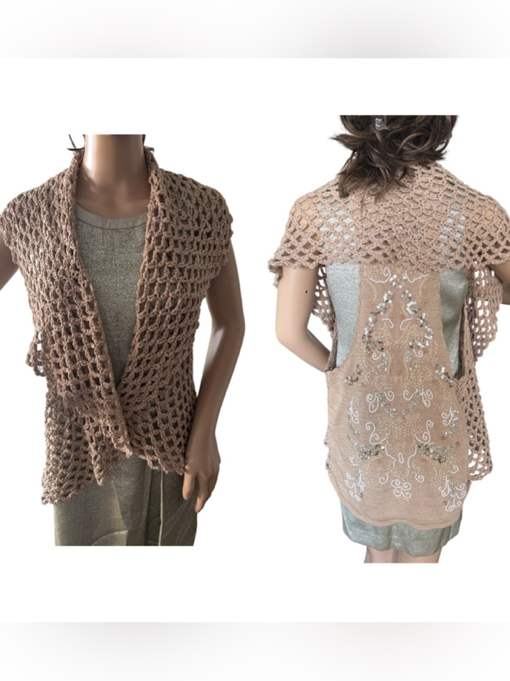 Curio Open Front Crochet Shawl Vest With Embellished Racerback Design Size M